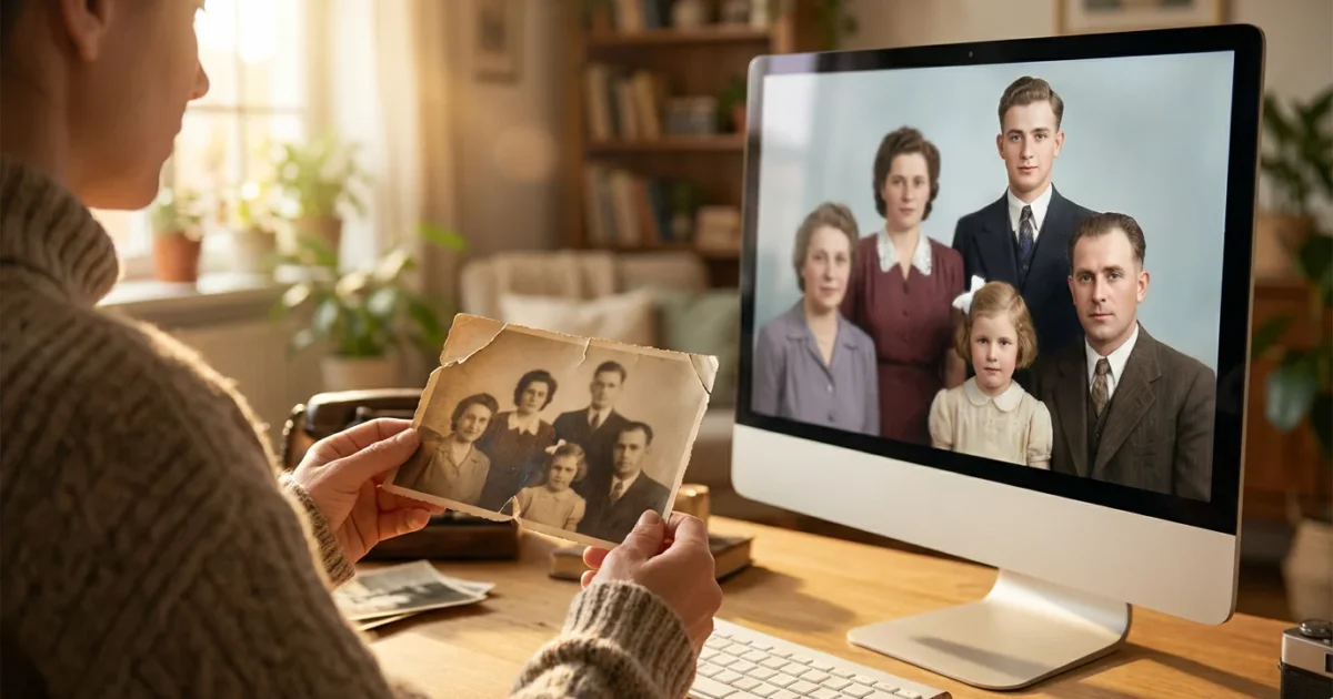 A person comparing a damaged vintage photograph with its restored digital version on a computer screen.