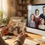 A person comparing a damaged vintage photograph with its restored digital version on a computer screen.