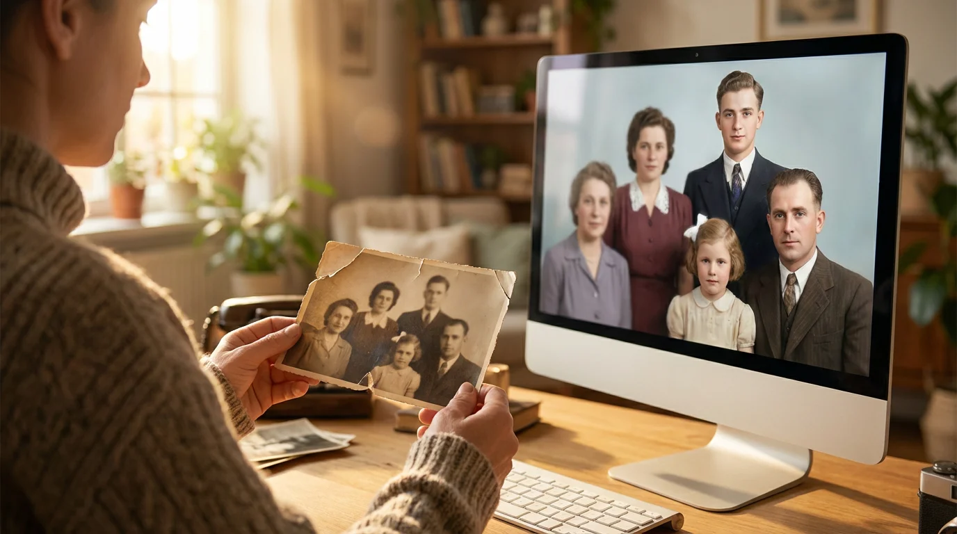 A person comparing a damaged vintage photograph with its restored digital version on a computer screen.