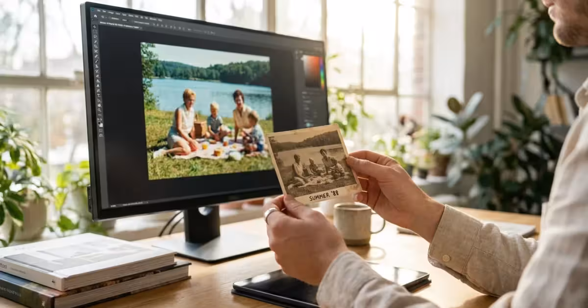 A side-by-side comparison of a faded vintage photo and its vibrant digital restoration on a professional monitor.
