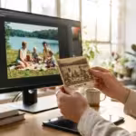 A side-by-side comparison of a faded vintage photo and its vibrant digital restoration on a professional monitor.