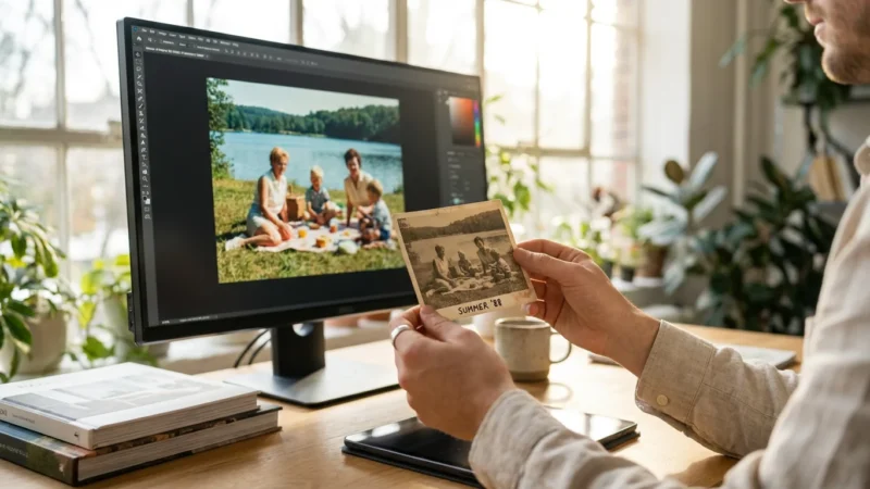 A side-by-side comparison of a faded vintage photo and its vibrant digital restoration on a professional monitor.
