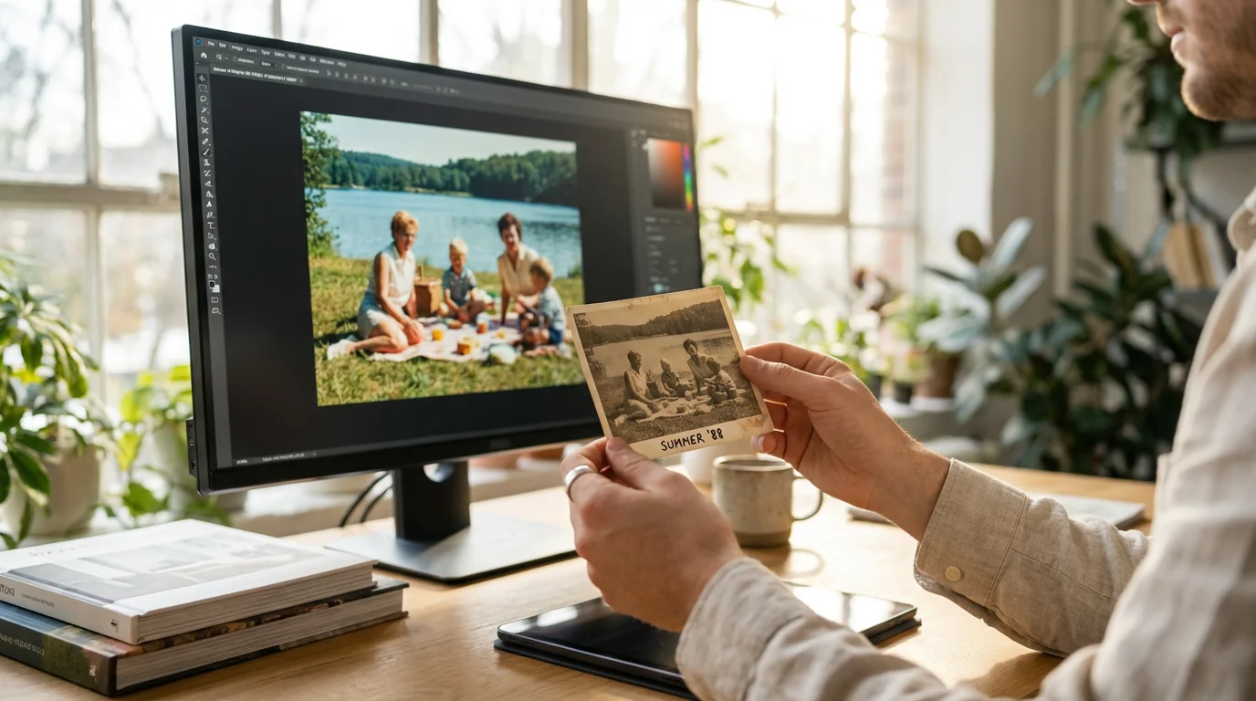 A side-by-side comparison of a faded vintage photo and its vibrant digital restoration on a professional monitor.