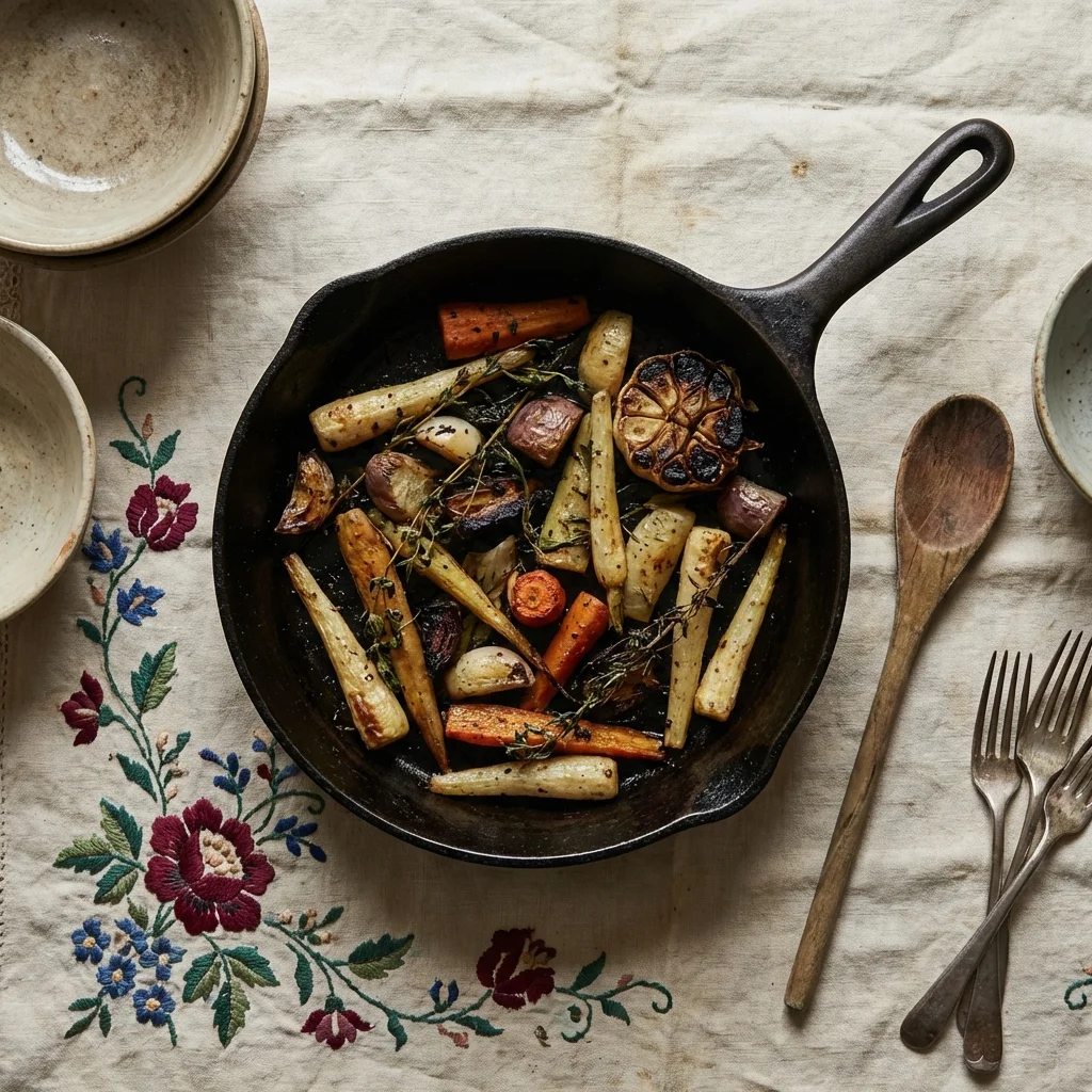Roasted vegetables in a vintage skillet on an heirloom tablecloth with rustic styling.