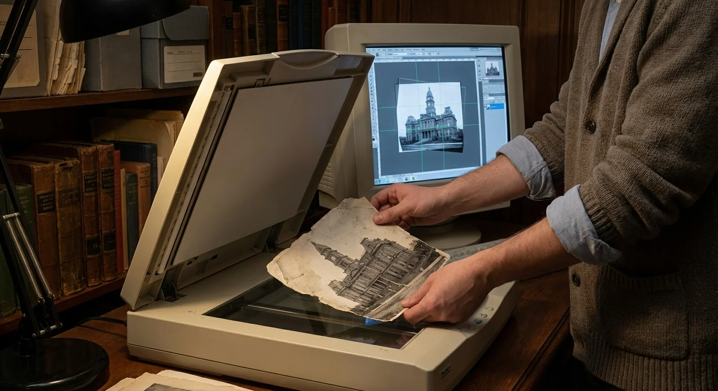 Scanning an old architectural photograph to correct its perspective digitally.