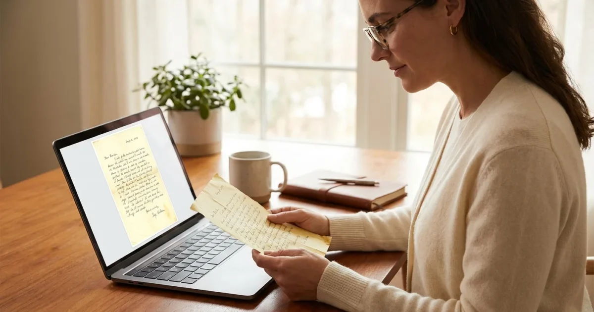 A woman comparing a vintage handwritten letter to its high-resolution digital scan on a laptop in a bright office.