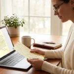 A woman comparing a vintage handwritten letter to its high-resolution digital scan on a laptop in a bright office.