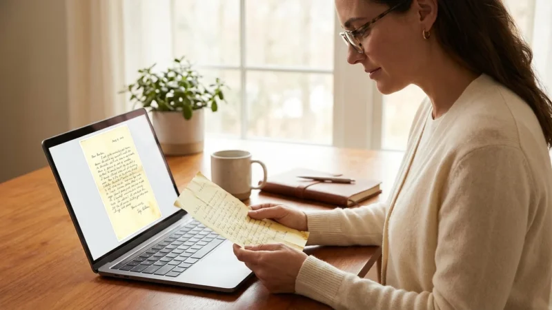 A woman comparing a vintage handwritten letter to its high-resolution digital scan on a laptop in a bright office.