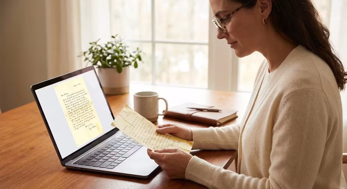 A woman comparing a vintage handwritten letter to its high-resolution digital scan on a laptop in a bright office.
