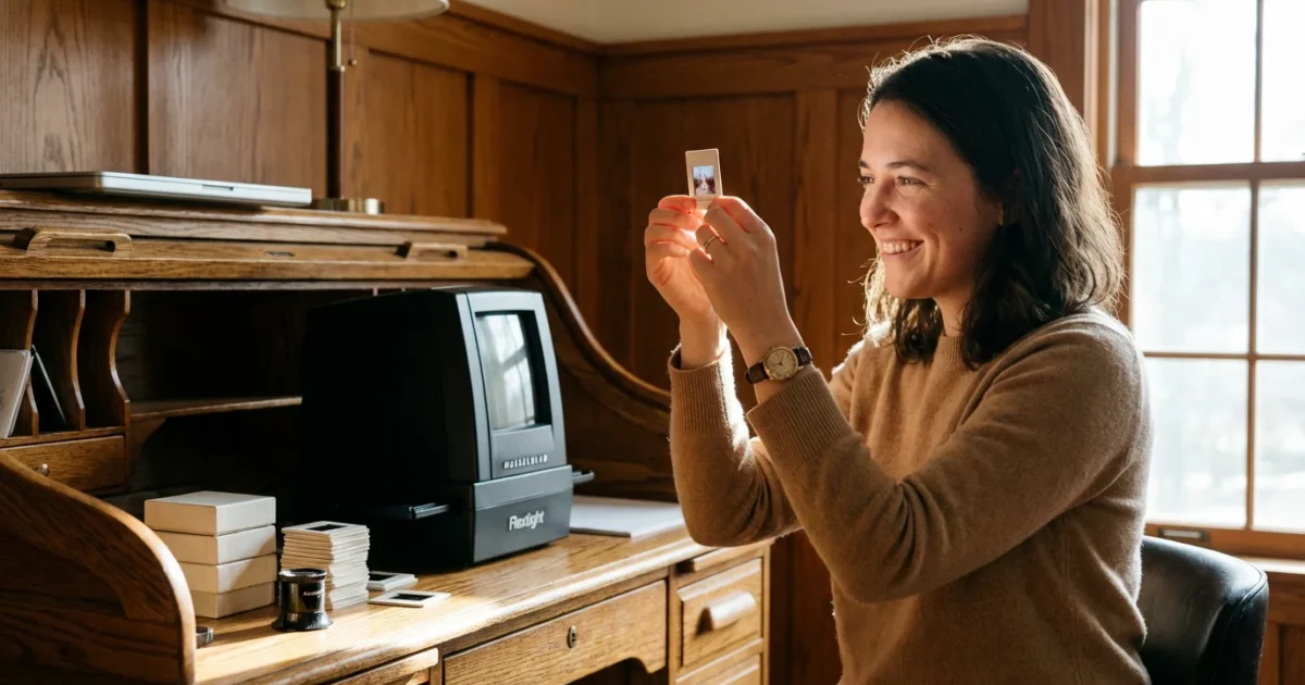 A person holding a vintage photo slide up to natural light in a warm, organized home office.