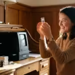 A person holding a vintage photo slide up to natural light in a warm, organized home office.