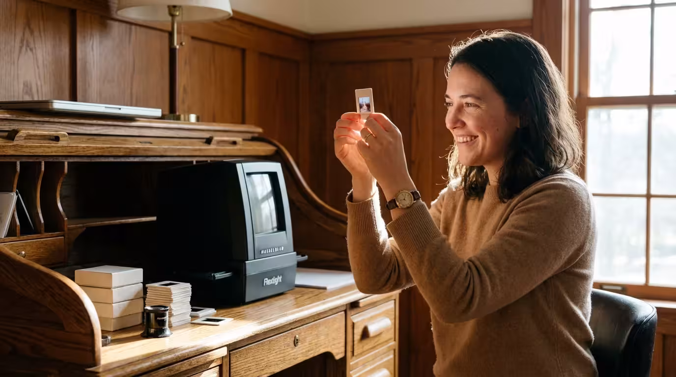 A person holding a vintage photo slide up to natural light in a warm, organized home office.