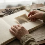 Hands carefully placing a vintage photograph into a high-quality linen scrapbook on an oak table.