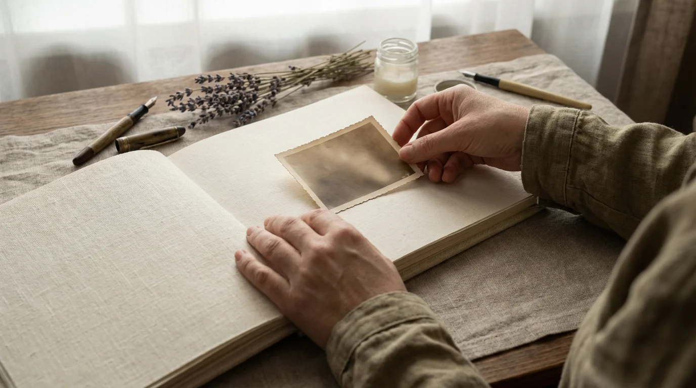 Hands carefully placing a vintage photograph into a high-quality linen scrapbook on an oak table.