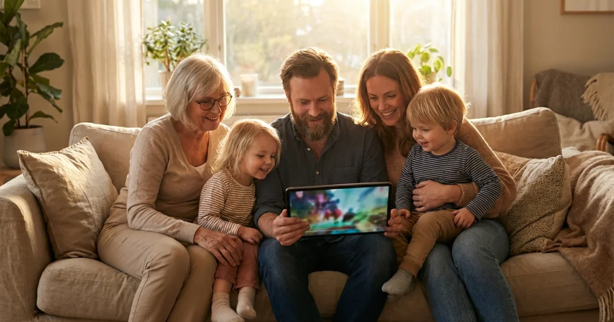 A multi-generational family smiling while looking at a tablet together in a sunlit living room.