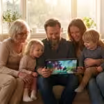 A multi-generational family smiling while looking at a tablet together in a sunlit living room.