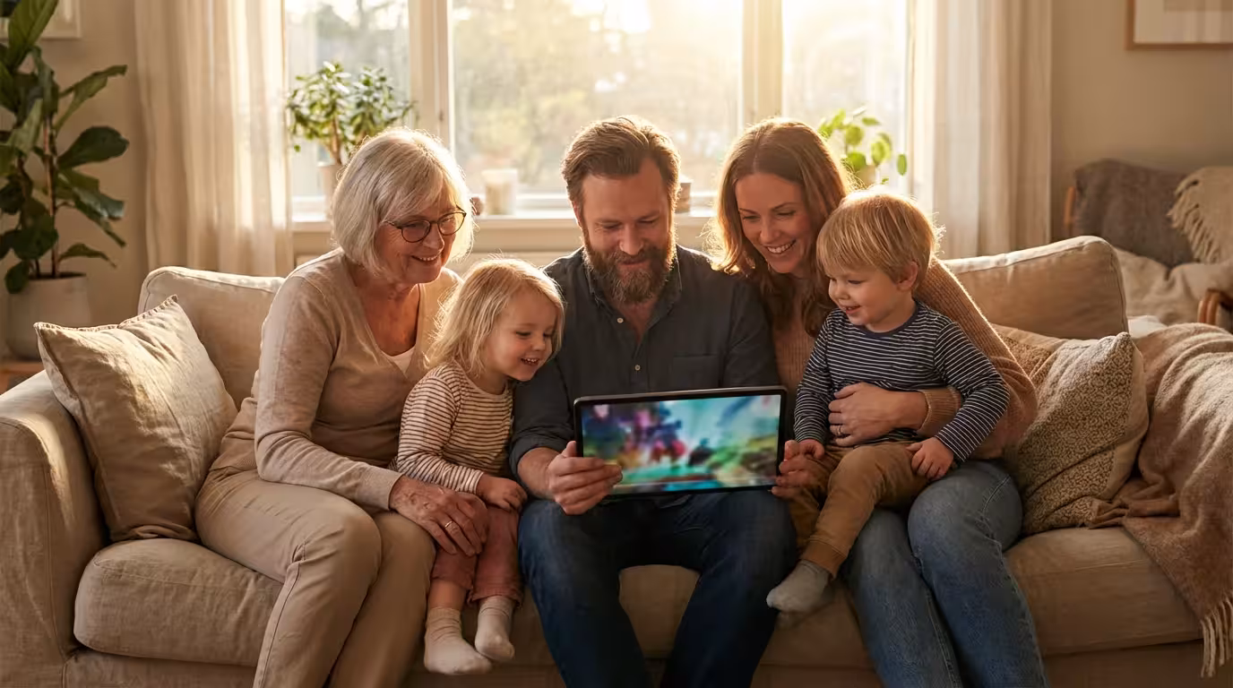 A multi-generational family smiling while looking at a tablet together in a sunlit living room.