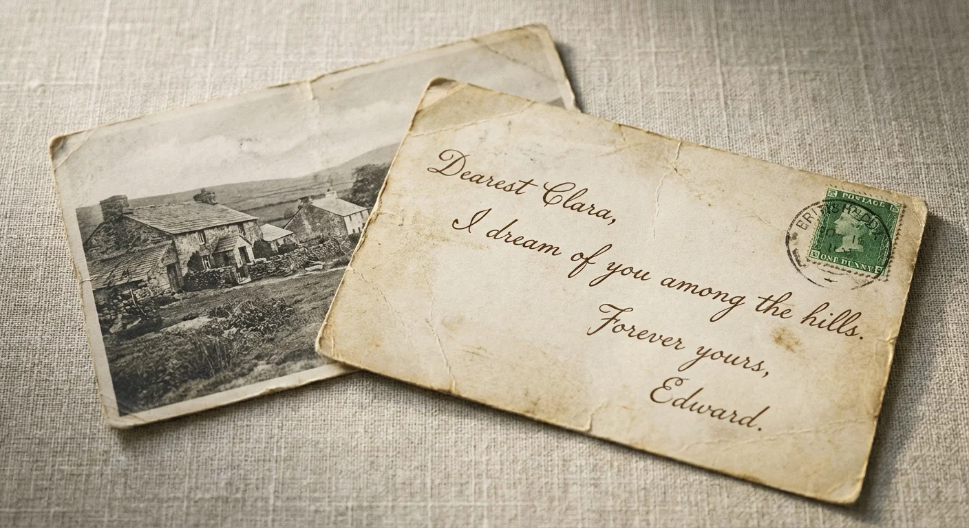 Side-by-side view of a vintage postcard front and back, showing a landscape photo and handwritten message.