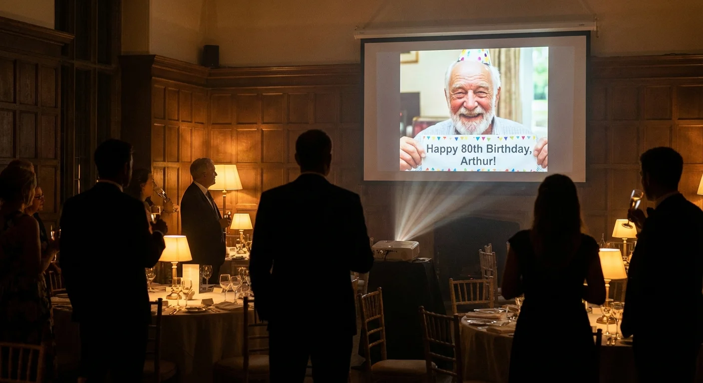 Silhouetted guests watching a projected birthday slideshow in a dark, elegant room.