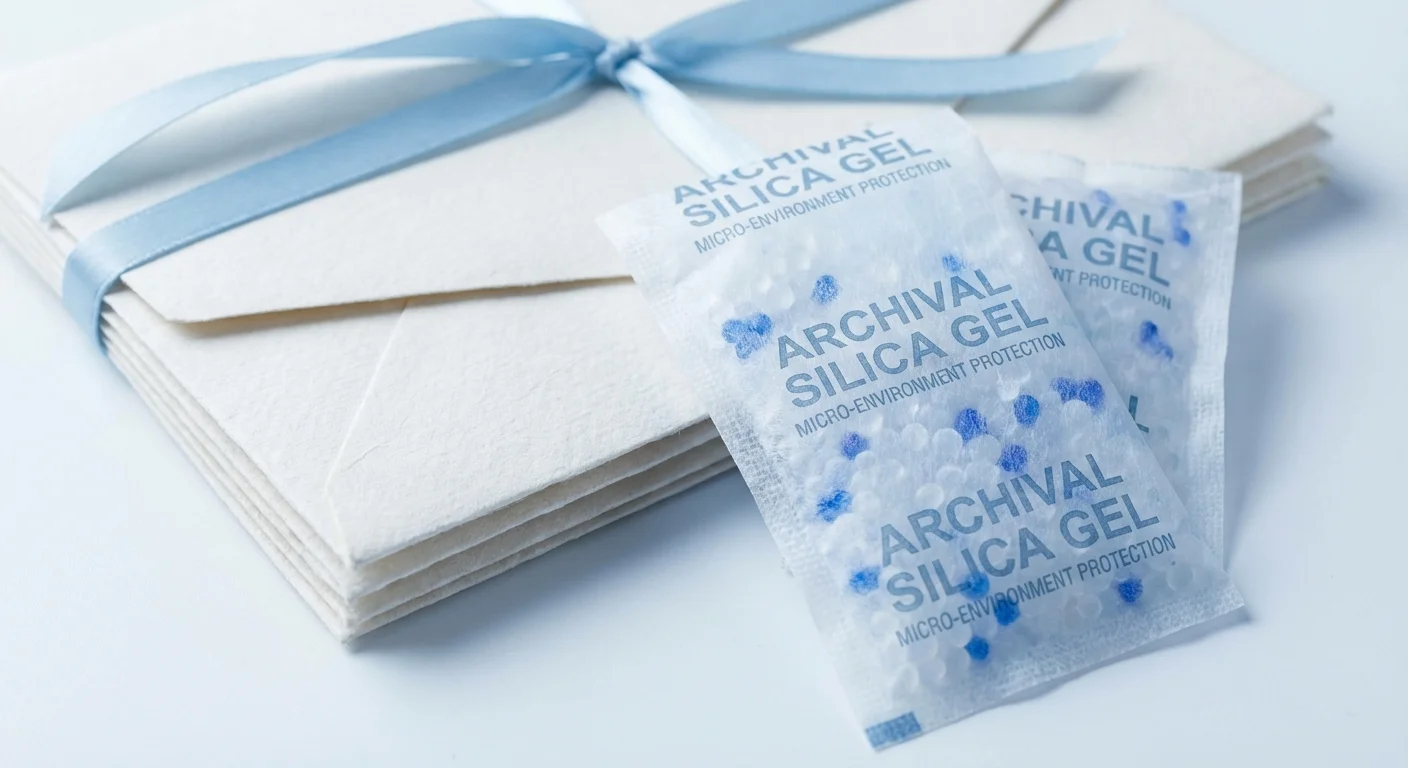 Silica gel packets next to archival photo storage envelopes.