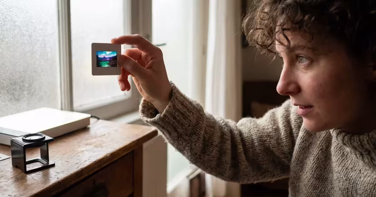 A person holding a 35mm slide up to natural light in a cozy, sunlit room, highlighting the vibrant colors of the film.