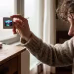 A person holding a 35mm slide up to natural light in a cozy, sunlit room, highlighting the vibrant colors of the film.