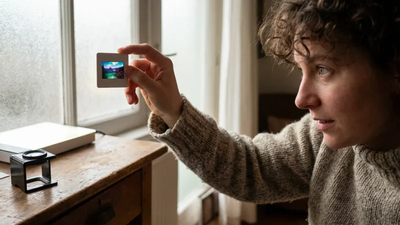A person holding a 35mm slide up to natural light in a cozy, sunlit room, highlighting the vibrant colors of the film.
