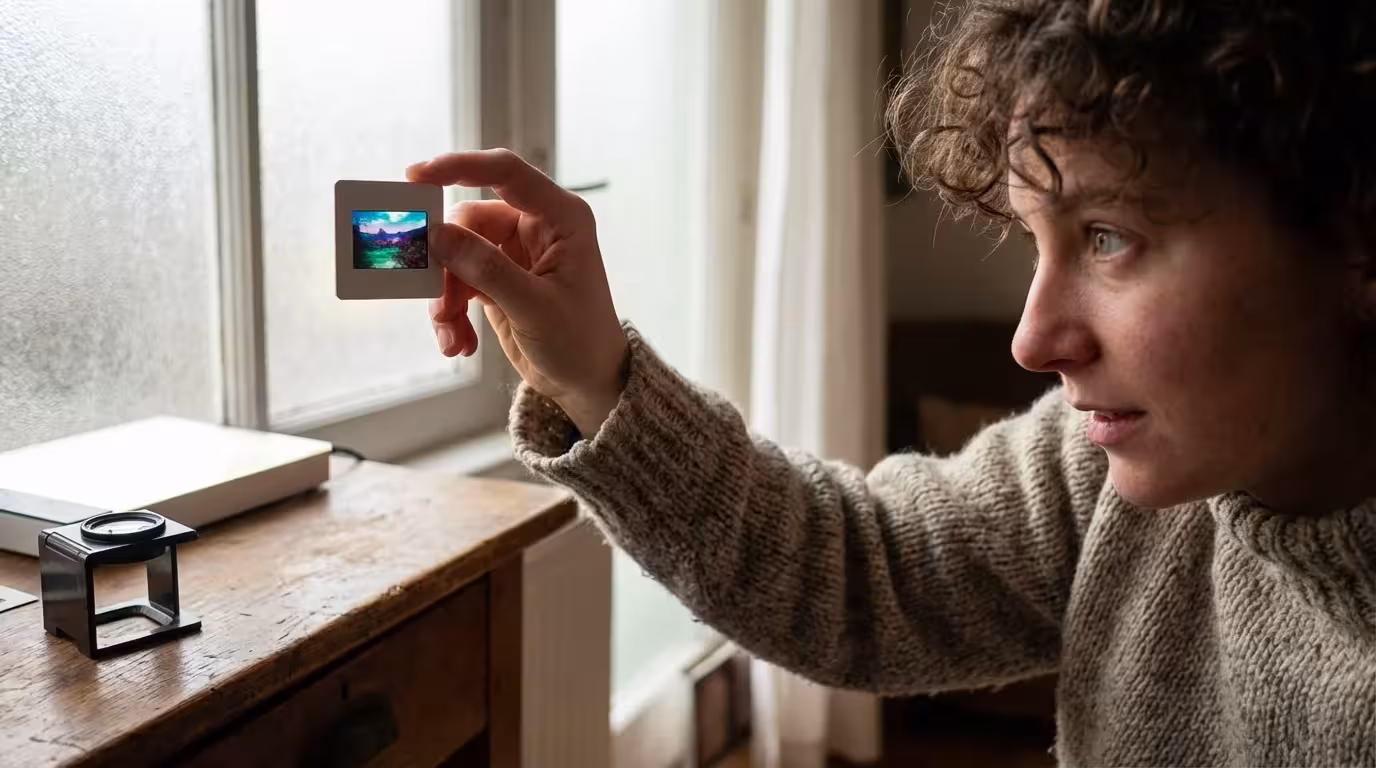 A person holding a 35mm slide up to natural light in a cozy, sunlit room, highlighting the vibrant colors of the film.