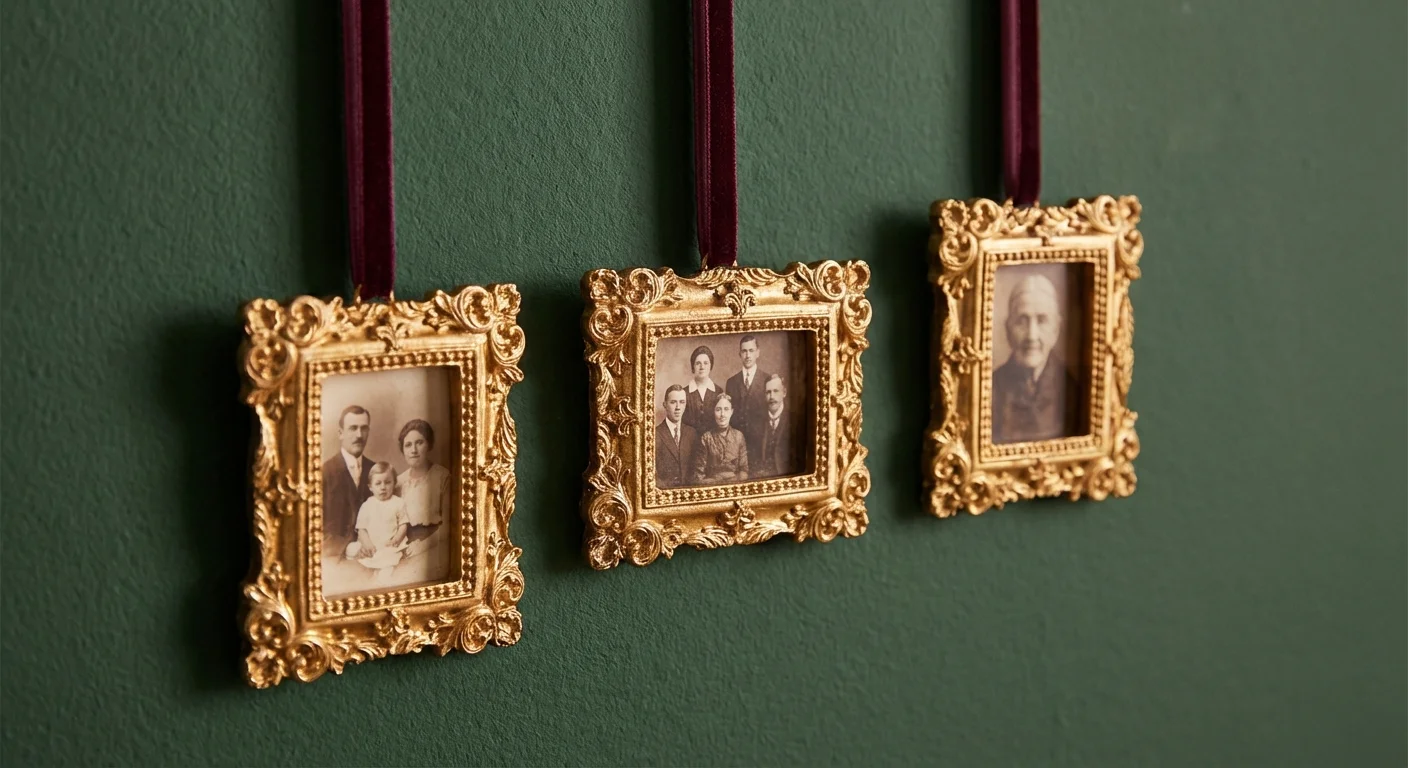 Small gold picture frames used as Christmas ornaments hanging from velvet ribbons.