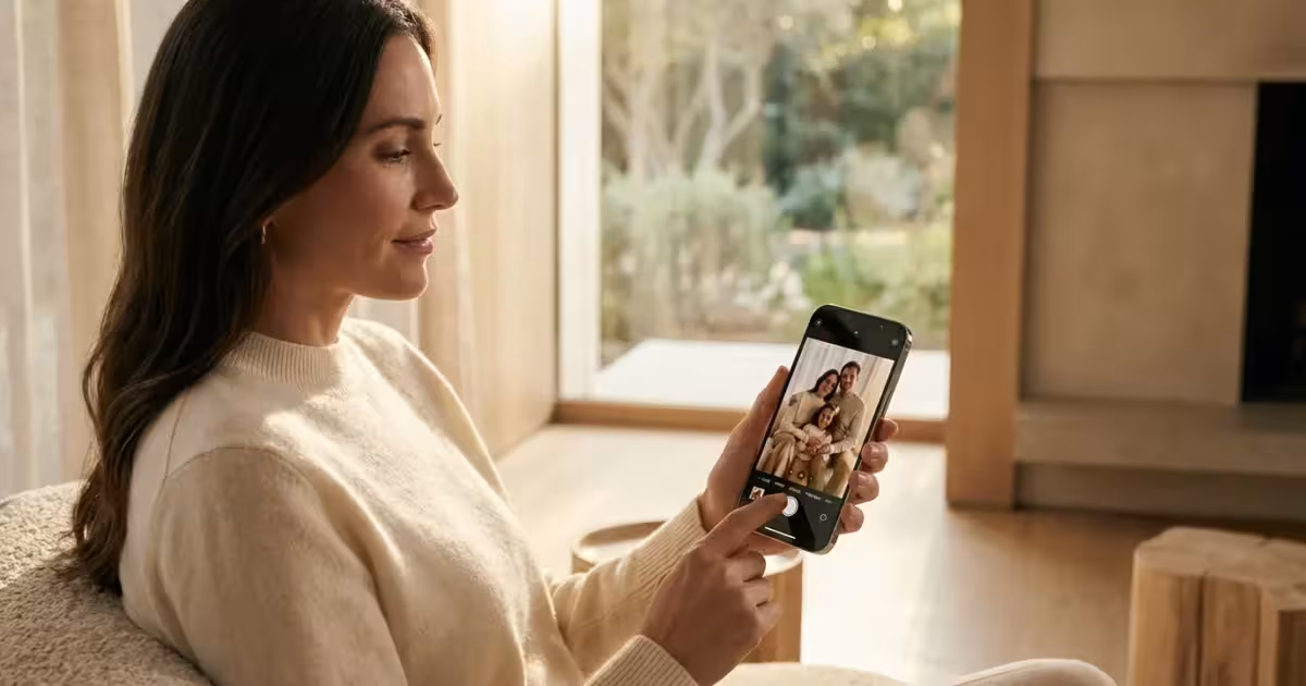 A woman editing a family photo on her smartphone in a bright, sunlit room.