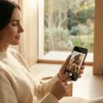 A woman editing a family photo on her smartphone in a bright, sunlit room.