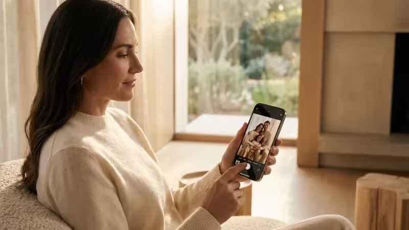 A woman editing a family photo on her smartphone in a bright, sunlit room.