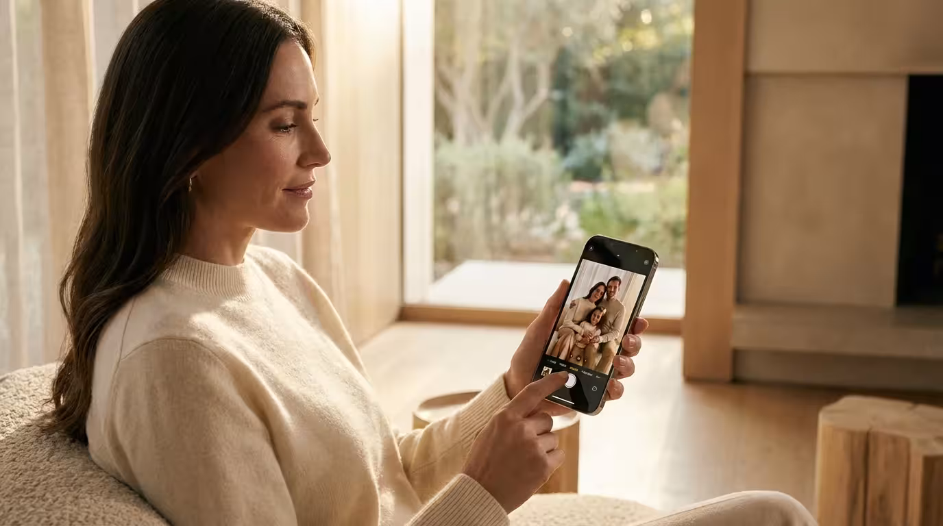 A woman editing a family photo on her smartphone in a bright, sunlit room.