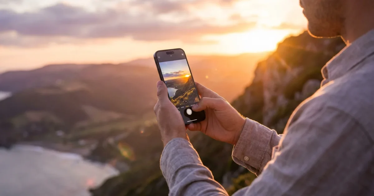 A person using a smartphone to photograph a golden hour landscape in a high-end editorial style.