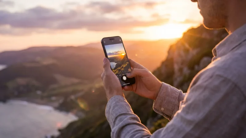 A person using a smartphone to photograph a golden hour landscape in a high-end editorial style.