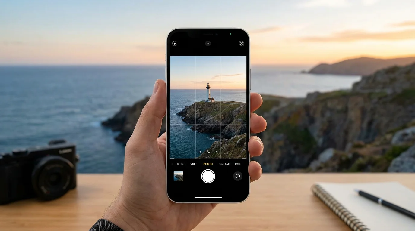 Smartphone screen showing the rule of thirds grid aligned with a coastal lighthouse.
