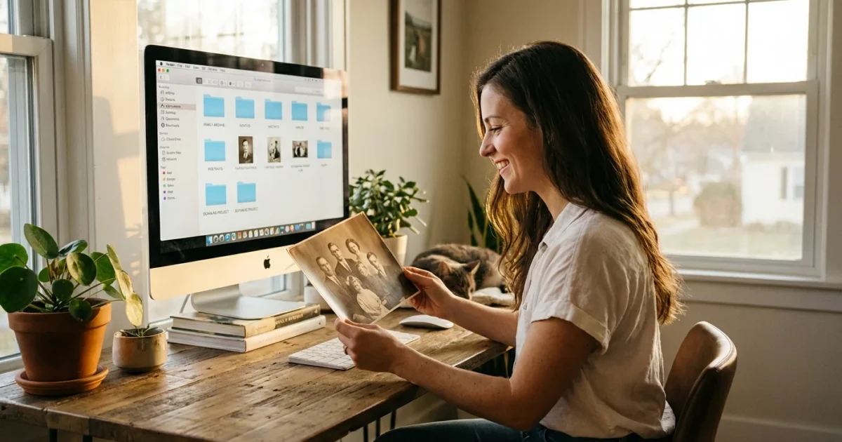 A woman organizing vintage photos at a desk with a computer, representing digital preservation.