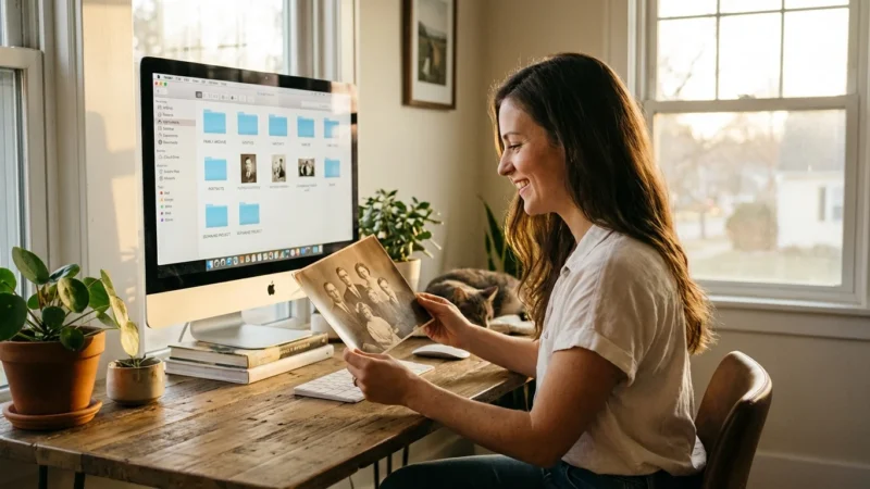 A woman organizing vintage photos at a desk with a computer, representing digital preservation.