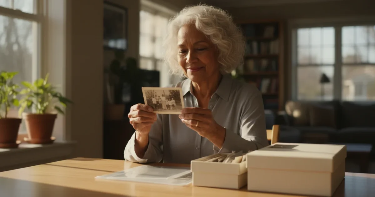 A diverse older woman gently holding a vintage black-and-white photograph in warm golden hour light, with archival storage supplies on a clean table.