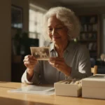 A diverse older woman gently holding a vintage black-and-white photograph in warm golden hour light, with archival storage supplies on a clean table.