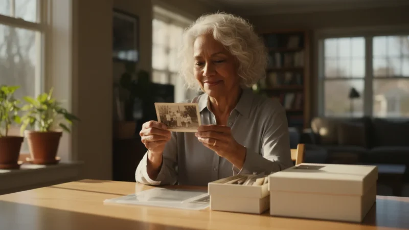 A diverse older woman gently holding a vintage black-and-white photograph in warm golden hour light, with archival storage supplies on a clean table.