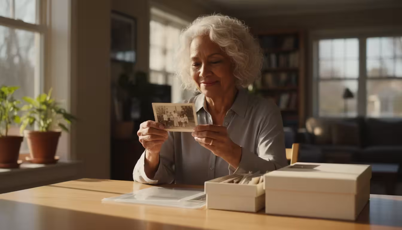 A diverse older woman gently holding a vintage black-and-white photograph in warm golden hour light, with archival storage supplies on a clean table.
