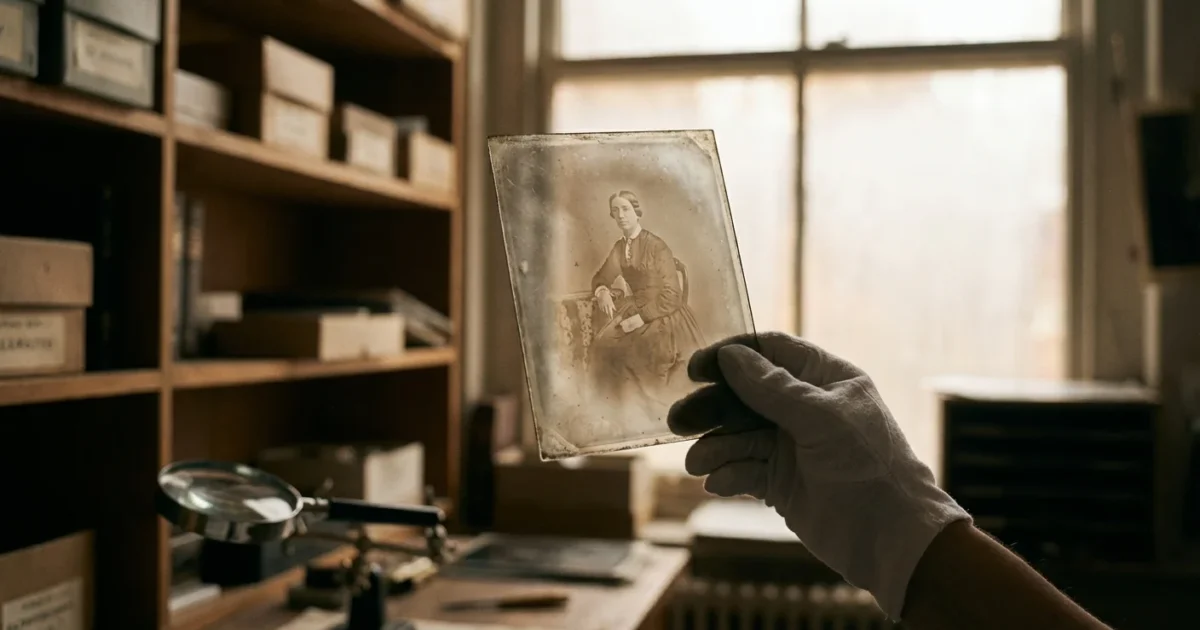 A gloved hand holding a vintage glass plate negative against soft light, showing a translucent historical portrait.