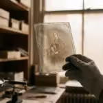 A gloved hand holding a vintage glass plate negative against soft light, showing a translucent historical portrait.