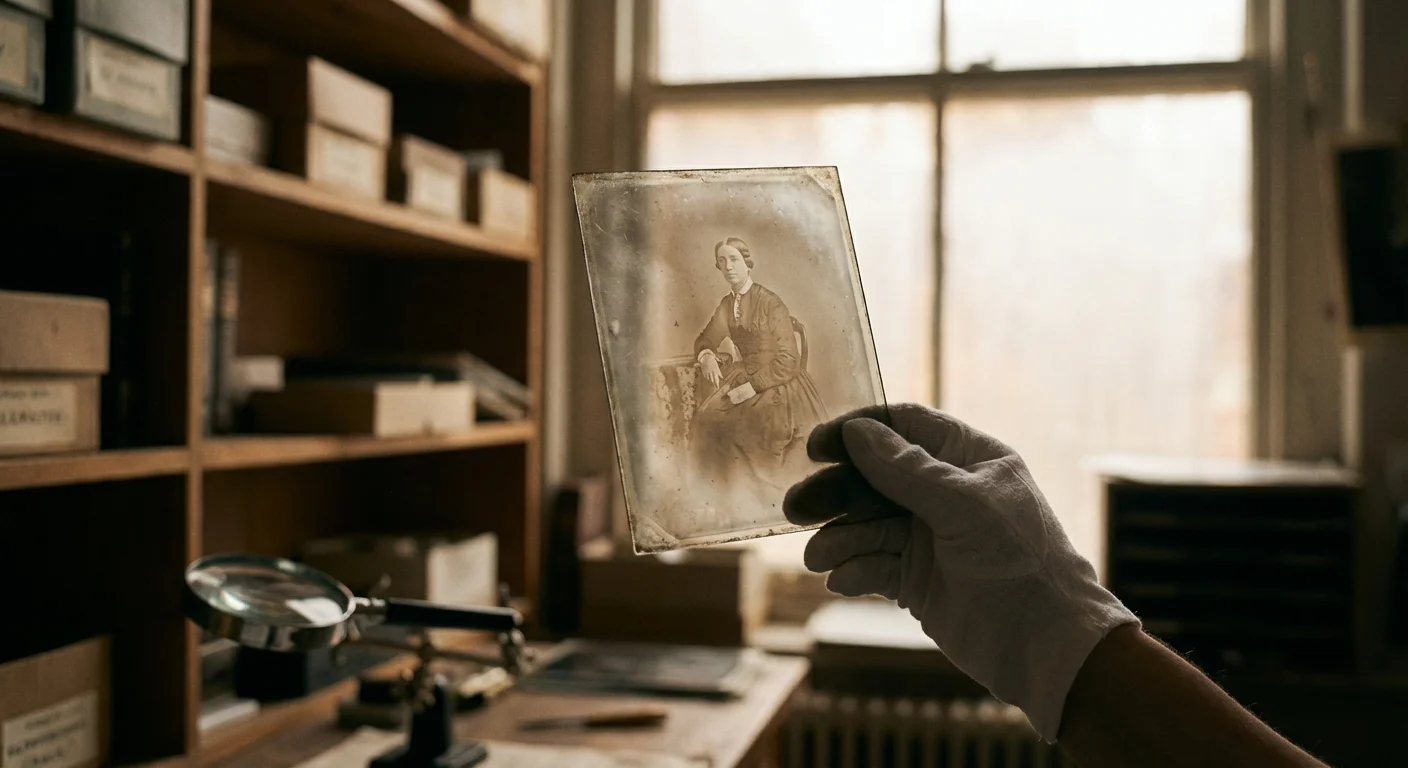 A gloved hand holding a vintage glass plate negative against soft light, showing a translucent historical portrait.