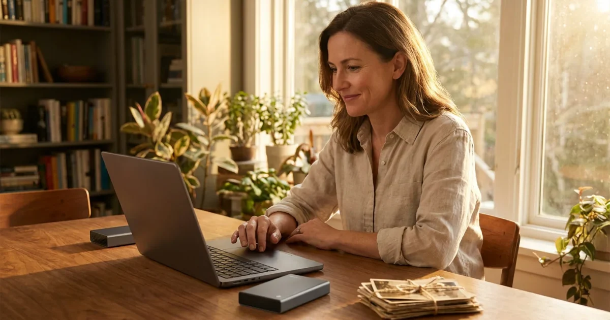 A woman smiling at her laptop in a sunlit office with external drives and old photos on her desk.