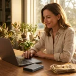 A woman smiling at her laptop in a sunlit office with external drives and old photos on her desk.