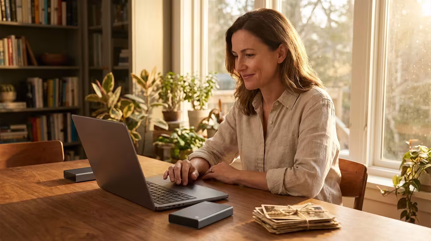 A woman smiling at her laptop in a sunlit office with external drives and old photos on her desk.