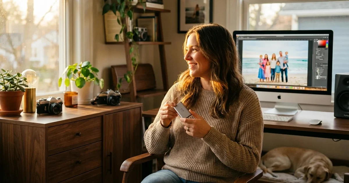 A photographer in a sunlit office holding a backup drive with family photos on the screen.