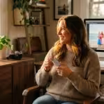 A photographer in a sunlit office holding a backup drive with family photos on the screen.